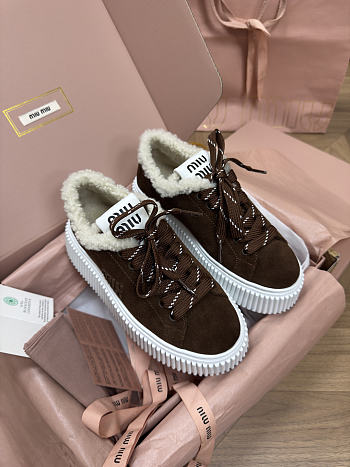 Bagsaaa Miu Miu suede and shearling sneakers dark brown