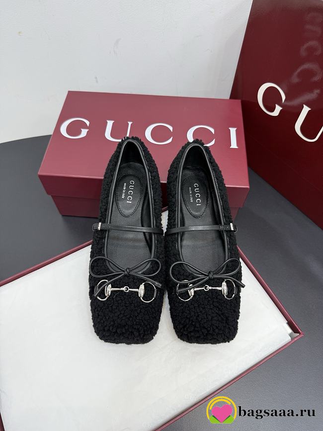 Bagsaaa Women's Gucci Horsebit ballet flat black wool 839411 - 1