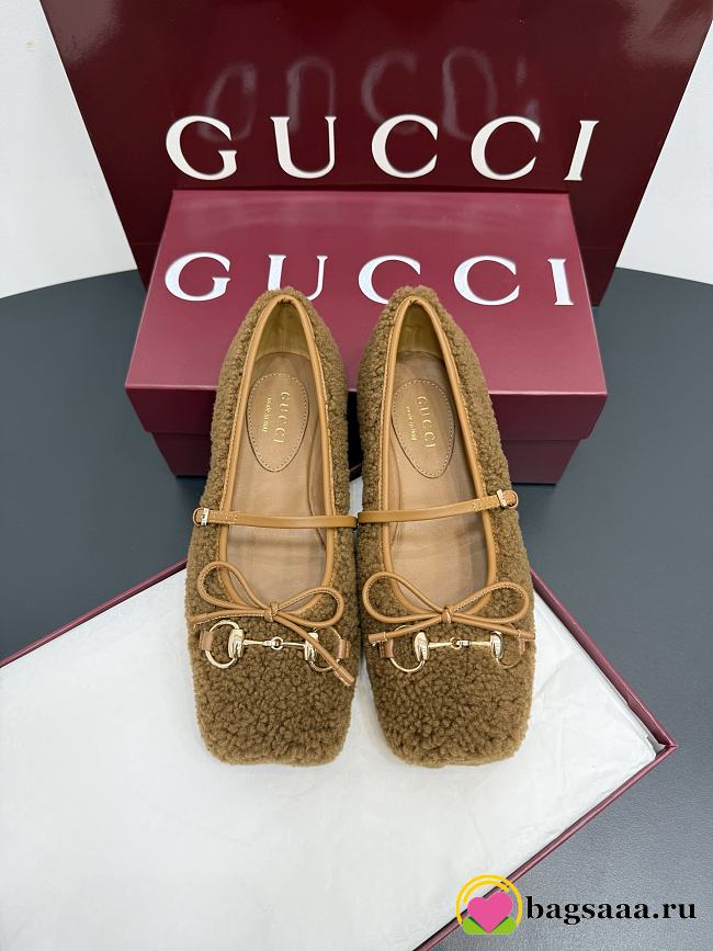 Bagsaaa Women's Gucci Horsebit ballet flat brown wool 839411 - 1
