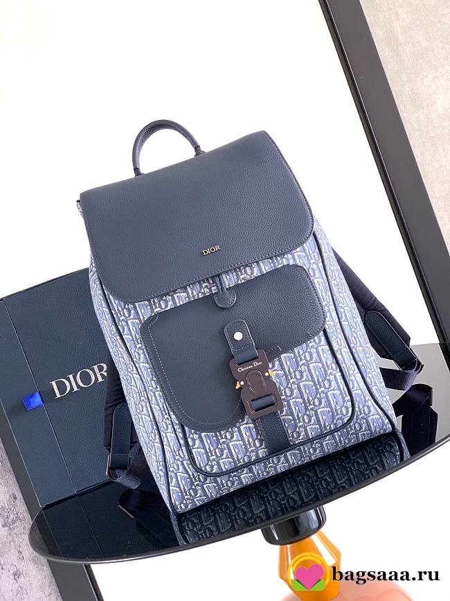 Bagsaaa Dior Saddle Backpack with Flap Blue Dior Oblique Jacquard and Blue Grained Calfskin - 41cm - 1