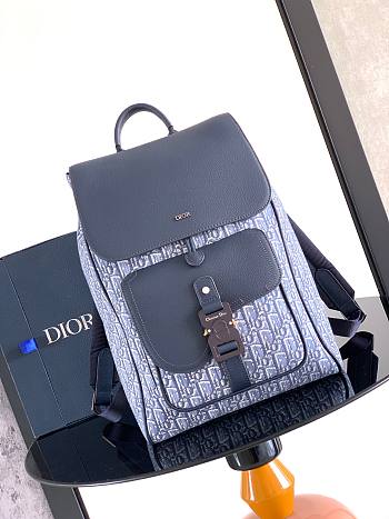 Bagsaaa Dior Saddle Backpack with Flap Blue Dior Oblique Jacquard and Blue Grained Calfskin - 41cm