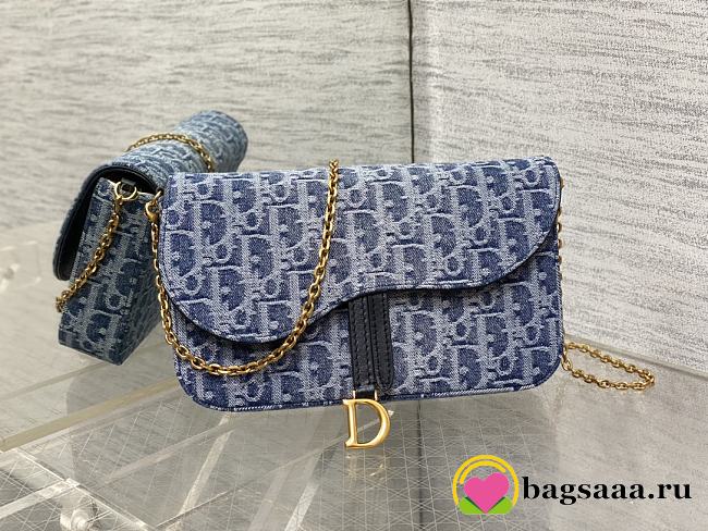 Bagsaaa Dior Medium Saddle Pouch with Chain Blue Denim Dior Oblique Jacquard - 21.5cm - 1