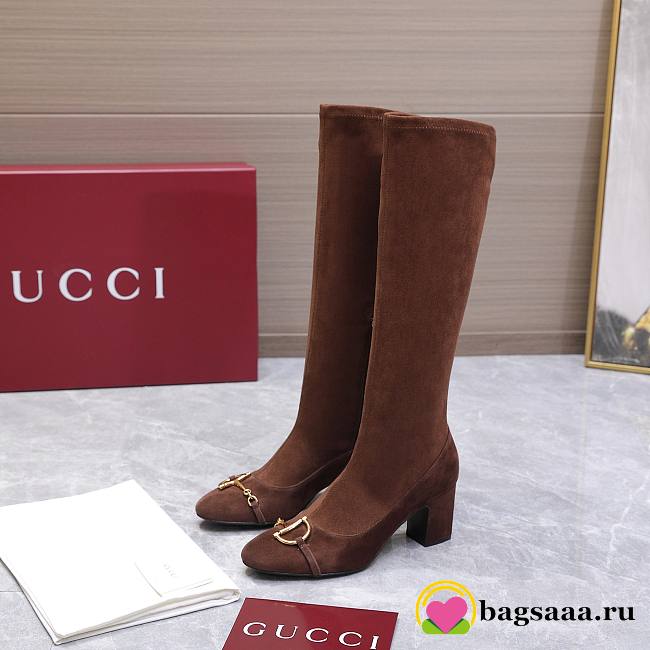 Bagsaaa Gucci Women's boot with half Horsebit 851420 dark brown suede - 1
