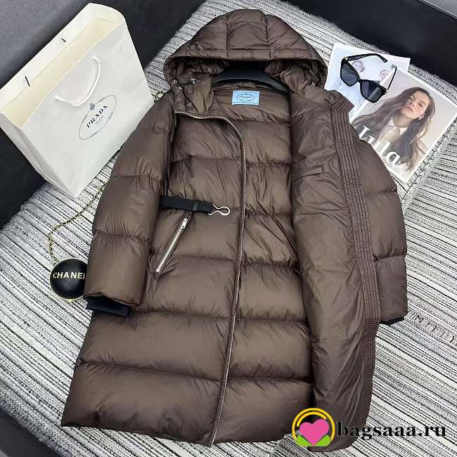 Bagsaaa Prada long down puffer coat in cocoa brown - 1