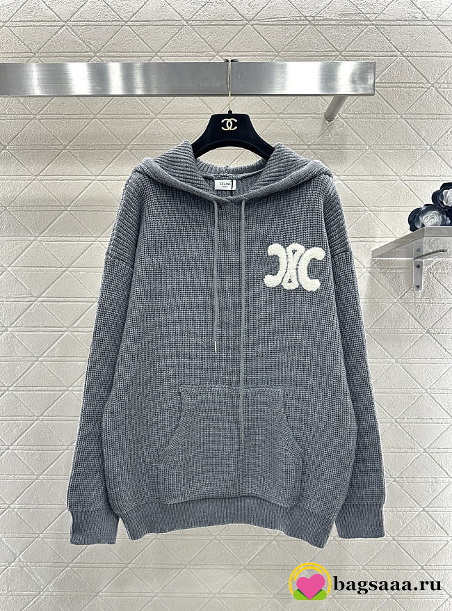 Bagsaaa Celine Homme Logo-Appliquéd Ribbed Wool Hoodie in grey - 1