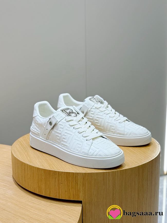 Bagsaaa Balmain white monogram-embossed leather sneakers - 1