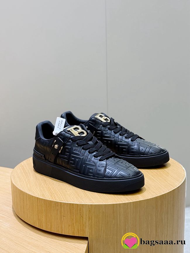 Bagsaaa Balmain black monogram-embossed leather sneakers - 1