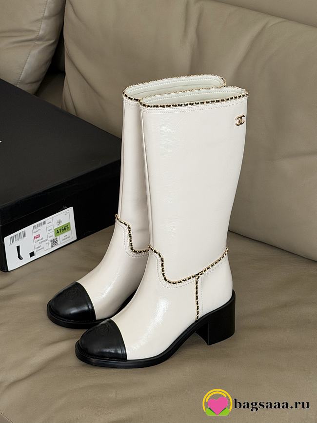 Bagsaaa Chanel mid-calf boots in white patent leather with black cap toes - 1