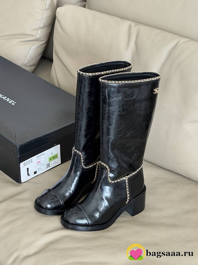 Bagsaaa Chanel mid-calf boots in black patent leather with cap toes - 1