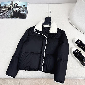 Bagsaaa Chanel black puffer coat with a white fleece collar