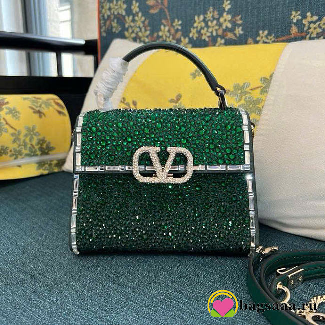 Bagsaaa Valentino Garavani Crystal Embroidered Mini Vsling Top Handle Green - 19cm - 1