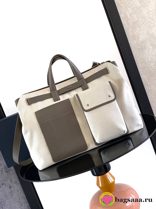Bagsaaa Large Dior Normandie Tote Bag Beige Herringbone Cotton Canvas and Gray Dior Icons Calfskin - 49cm - 1