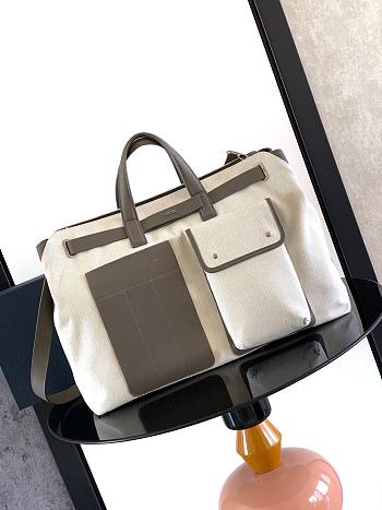 Bagsaaa Large Dior Normandie Tote Bag Beige Herringbone Cotton Canvas and Gray Dior Icons Calfskin - 49cm