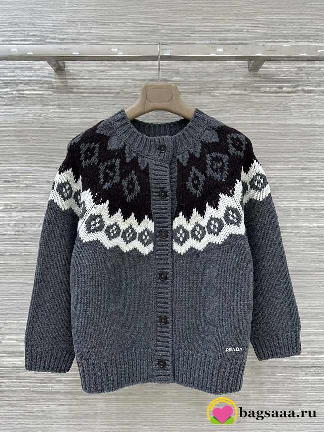 Bagsaaa Prada Intarsia Wool-Cashmere Button-Front Cardigan gray - 1