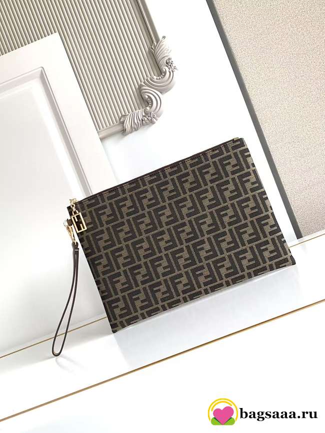 Bagsaaa Fendi Flat Baguette Large Pouch in brown FF jacquard fabric - 34cm - 1