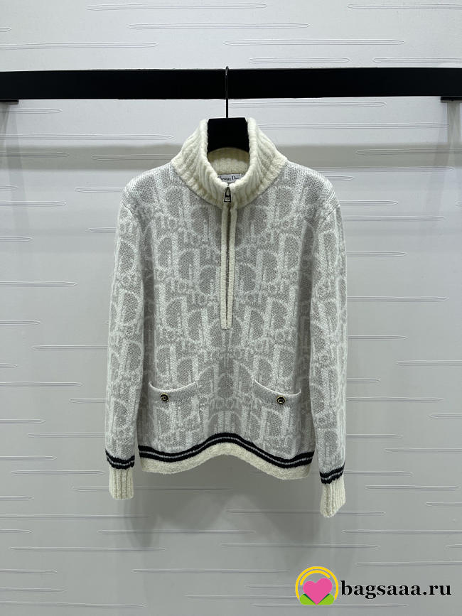 Bagsaaa Dior Oblique pattern half-zip sweater in a gray and white wool blend - 1