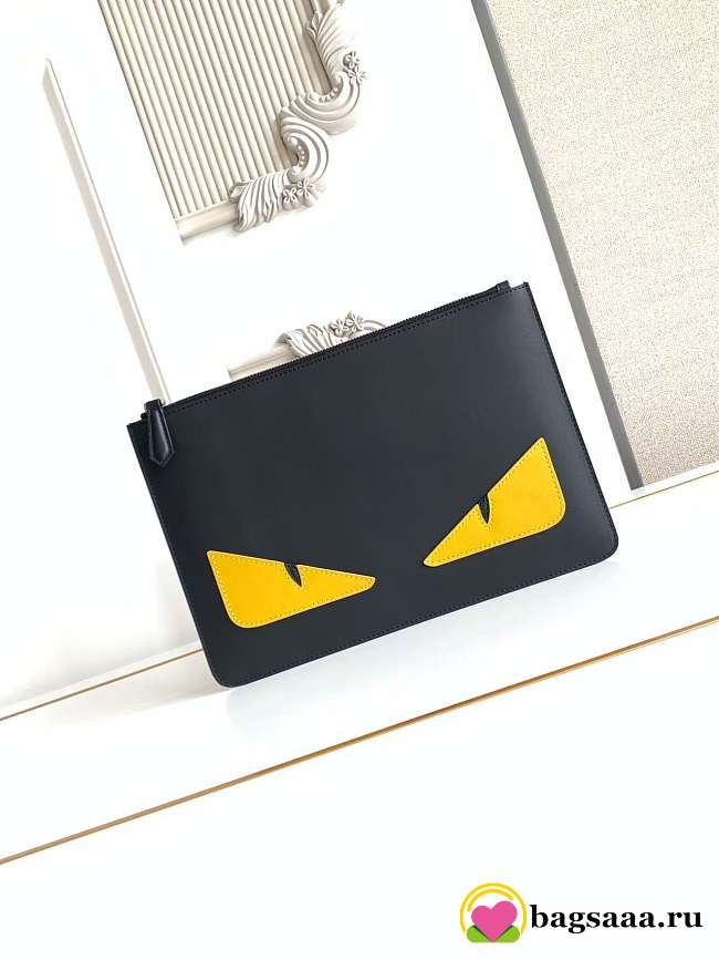 Bagsaaa Fendi Monster Eyes leather clutch bag in black with yellow - 30cm - 1
