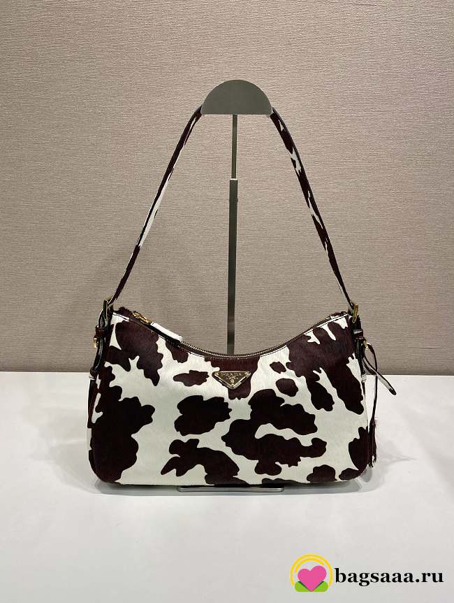 Bagsaaa Prada Aimèe medium printed calf hair shoulder bag in white and dark brown 1BC229 - 31cm - 1