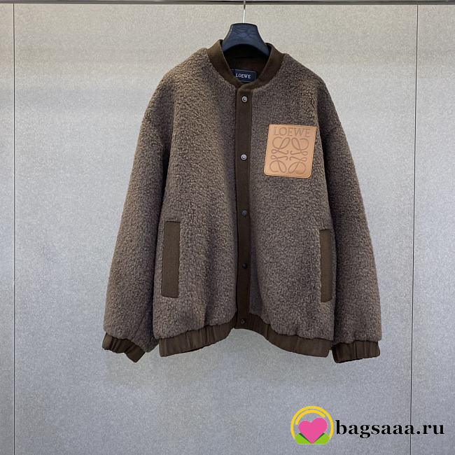 Bagsaaa Loewe brown sherpa bomber jacket with an Anagram leather patch pocket - 1