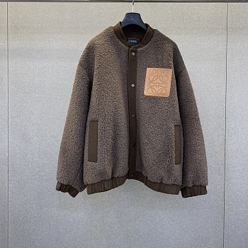 Bagsaaa Loewe brown sherpa bomber jacket with an Anagram leather patch pocket