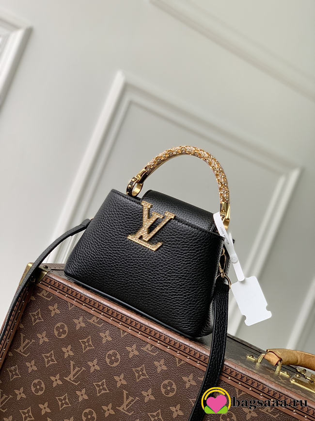 Bagsaaa Louis Vuitton Capucines Mini black Taurillon leather with rhinestone-embellished handle - 21cm - 1