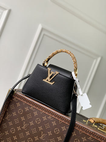 Bagsaaa Louis Vuitton Capucines Mini black Taurillon leather with rhinestone-embellished handle - 21cm
