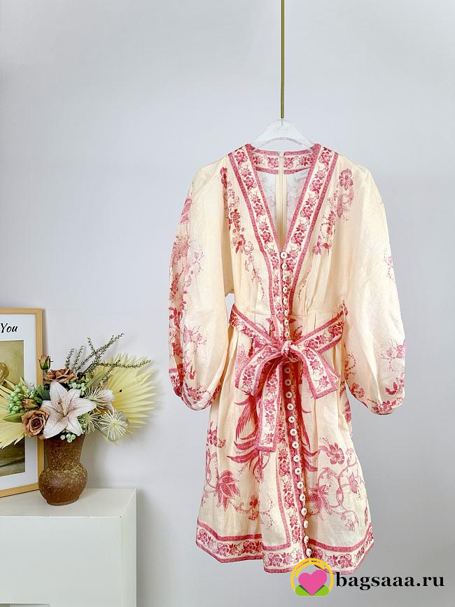 Bagsaaa Zimmermann Lucky Plunge Mini Dress in cream linen with a pink floral - 1