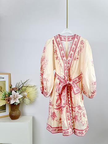 Bagsaaa Zimmermann Lucky Plunge Mini Dress in cream linen with a pink floral