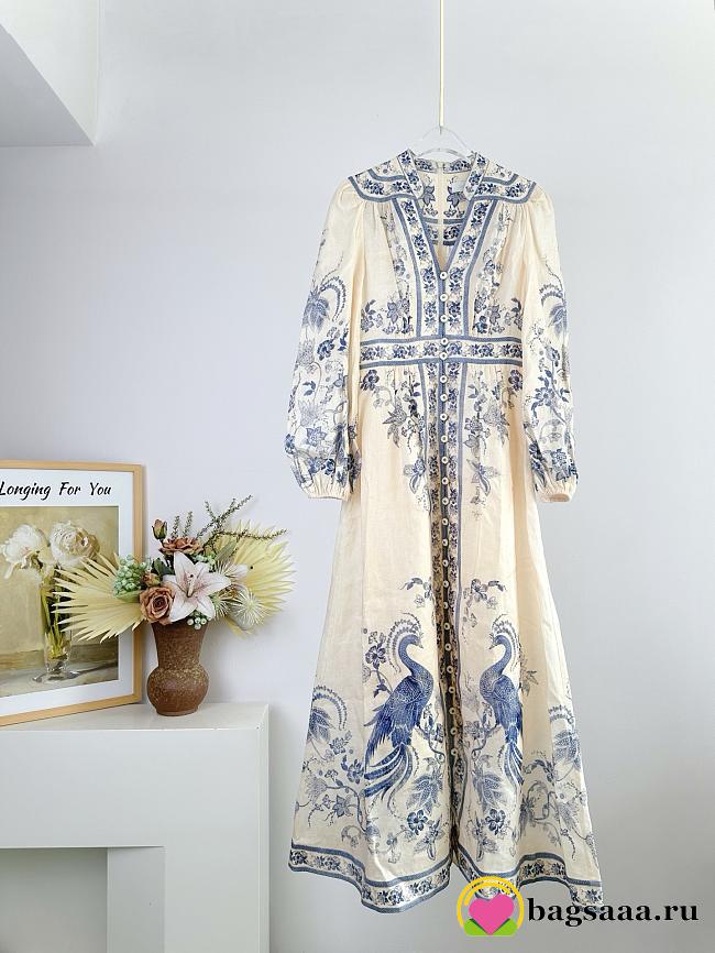 Bagsaaa Zimmermann Lucky Plunge Midi Dress in cream and blue floral linen - 1