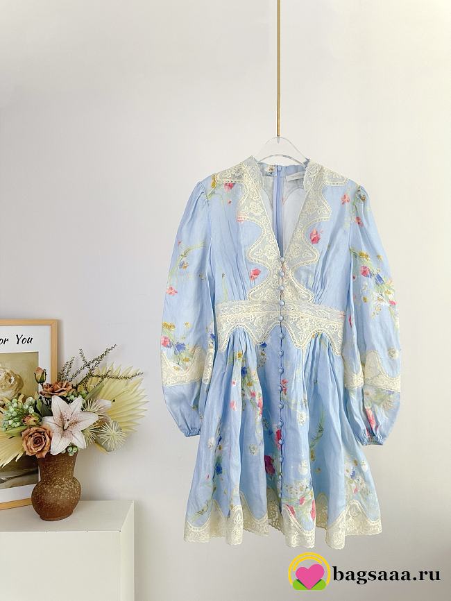 Bagsaaa Zimmermann Lucky Lace Plunge Mini Dress in blue bouquet floral linen - 1