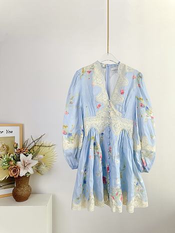 Bagsaaa Zimmermann Lucky Lace Plunge Mini Dress in blue bouquet floral linen