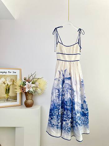 Bagsaaa Zimmermann Wylie shirred printed linen midi dress in blue palm
