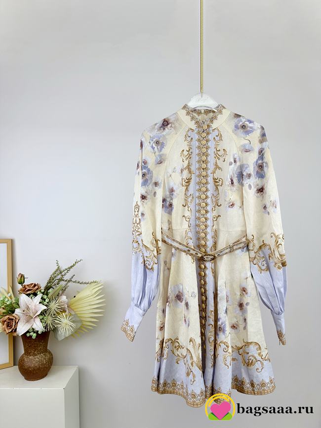 Bagsaaa Zimmermann Hypnotic Buttoned Mini Dress in linen with a blue floral print - 1