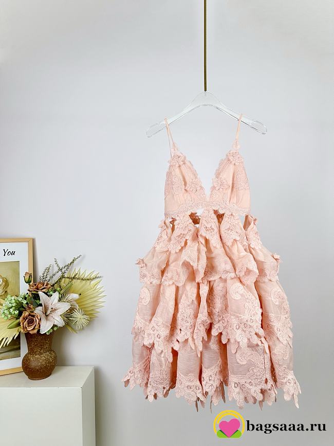 Bagsaaa Zimmermann Crush Lace-Trim Tiered Linen-Silk Blend Maxi Dress in Pale Pink - 1