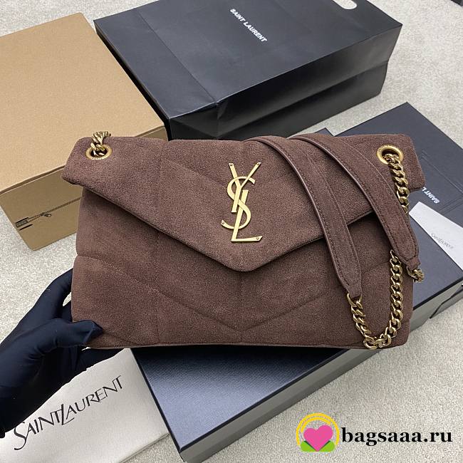 Bagsaaa YSL Saint Laurent Puffer Small shoulder bag in brown suede with gold - 29cm - 1