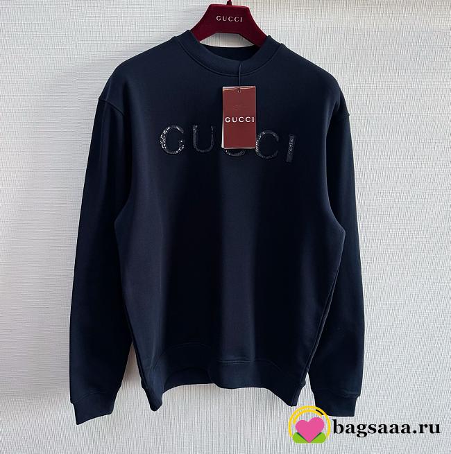 Bagsaaa Gucci cotton jersey sweatshirt in navy with a sequin logo embroidery - 1