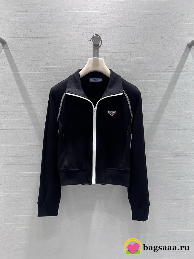 Bagsaaa Prada black Re-Nylon blouson jacket with white piping details - 1