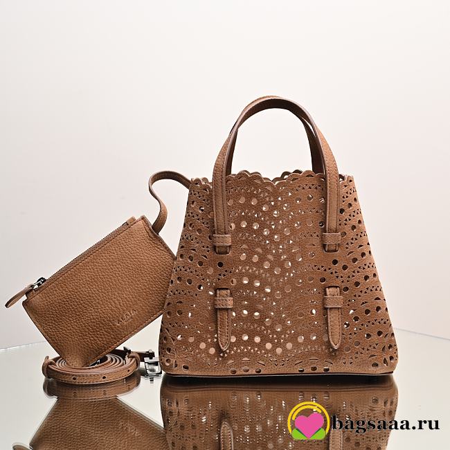 Bagsaaa Alaïa Mina 20 laser-cut nubuck tote bag in brown color - 20cm - 1