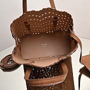 Bagsaaa Alaïa Mina 20 laser-cut nubuck tote bag in brown color - 20cm - 2