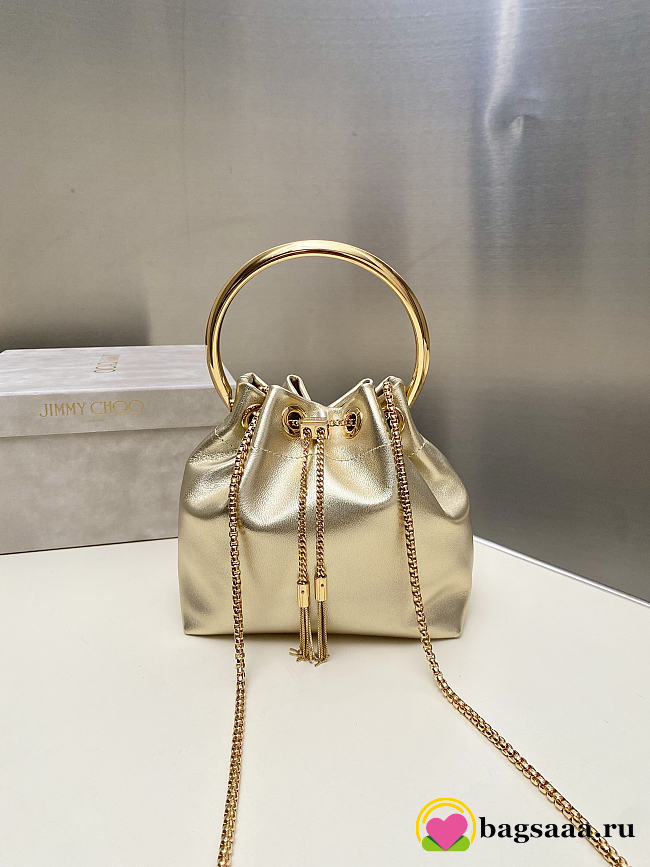 Bagsaaa Jimmy Choo Bon Bon Micro leather bucket bag in a gold metallic - 16cm - 1