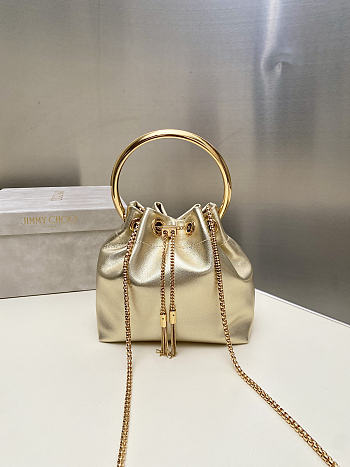 Bagsaaa Jimmy Choo Bon Bon Micro leather bucket bag in a gold metallic - 16cm