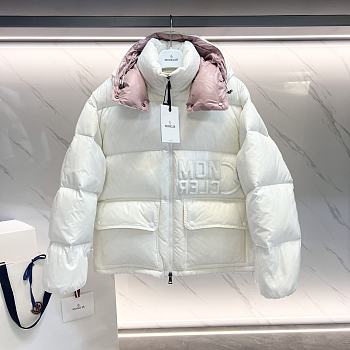 Bagsaaa white Moncler puffer jacket with a light pink hood lining