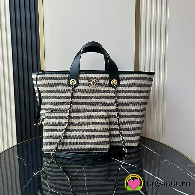 Bagsaaa Chanel Deauville tote bag in canvas material with black and white stripes - 1
