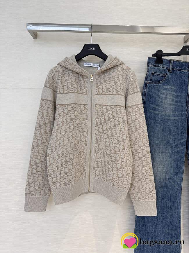 Bagsaaa Dior Reversible Zipped Cardigan with Hood Gold-Tone Metallic Cashmere-Blend Knit - 1