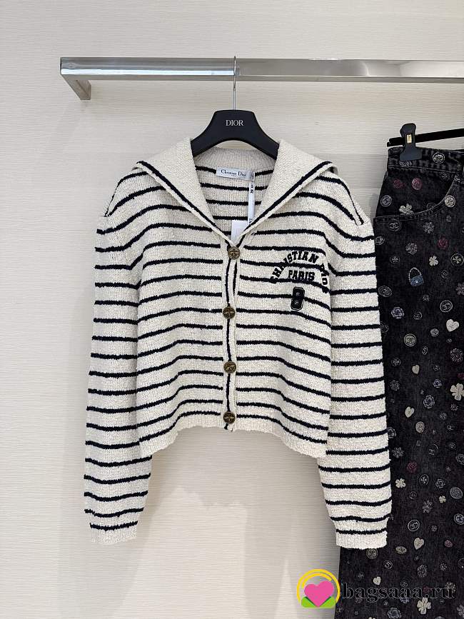 Bagsaaa Dior Marinière Cardigan with Sailor Collar White and Navy Blue Cotton Knit - 1