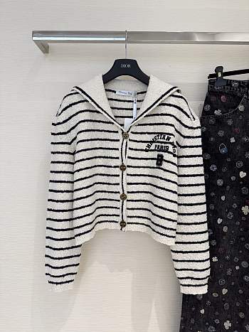 Bagsaaa Dior Marinière Cardigan with Sailor Collar White and Navy Blue Cotton Knit