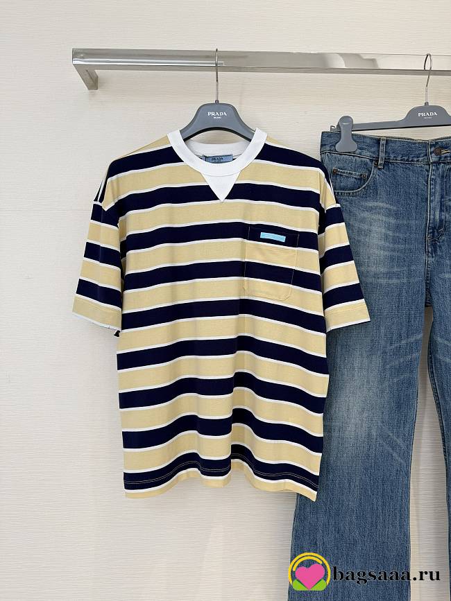 Bagsaaa Prada striped cotton lisle T-shirt in cream and navy blue  - 1