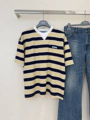 Bagsaaa Prada striped cotton lisle T-shirt in cream and navy blue  - 1