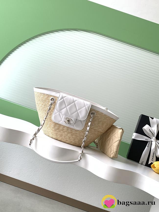 Bagsaaa Chanel Small Small Tote beige braided straw and white lambskin AS5951 - 41cm - 1