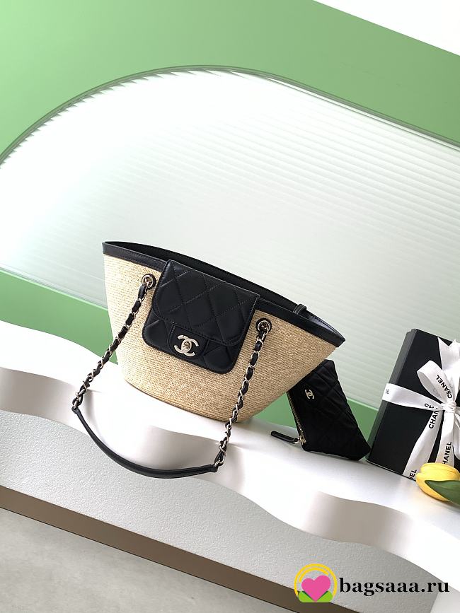 Bagsaaa Chanel Small Small Tote beige braided straw and black lambskin AS5951 - 41cm - 1